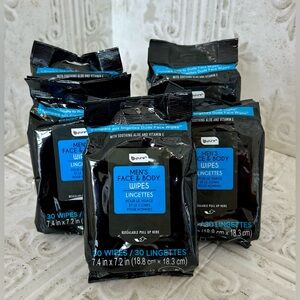 5 PACKS Men's Face & Body Wipes Aloe Vitamin E Removes Dirt & Grime On The Go.